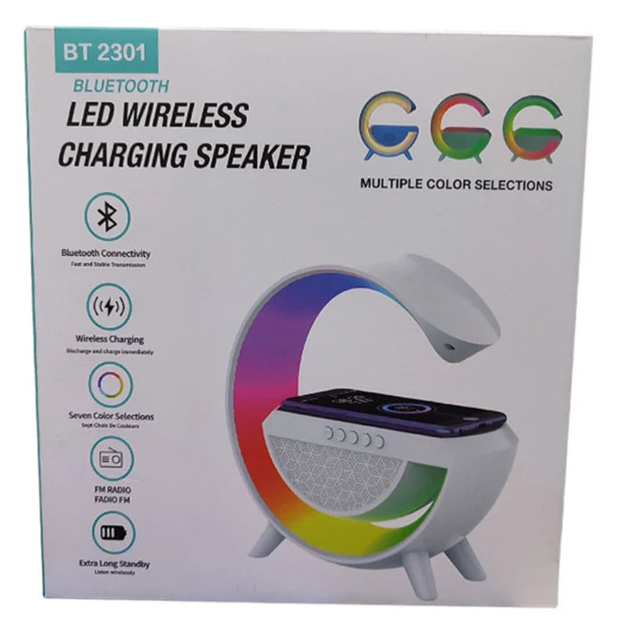 BT2301 Wireless Charger + Speaker with LED Lights – Bluetooth, FM Radio, USB & AUX Support